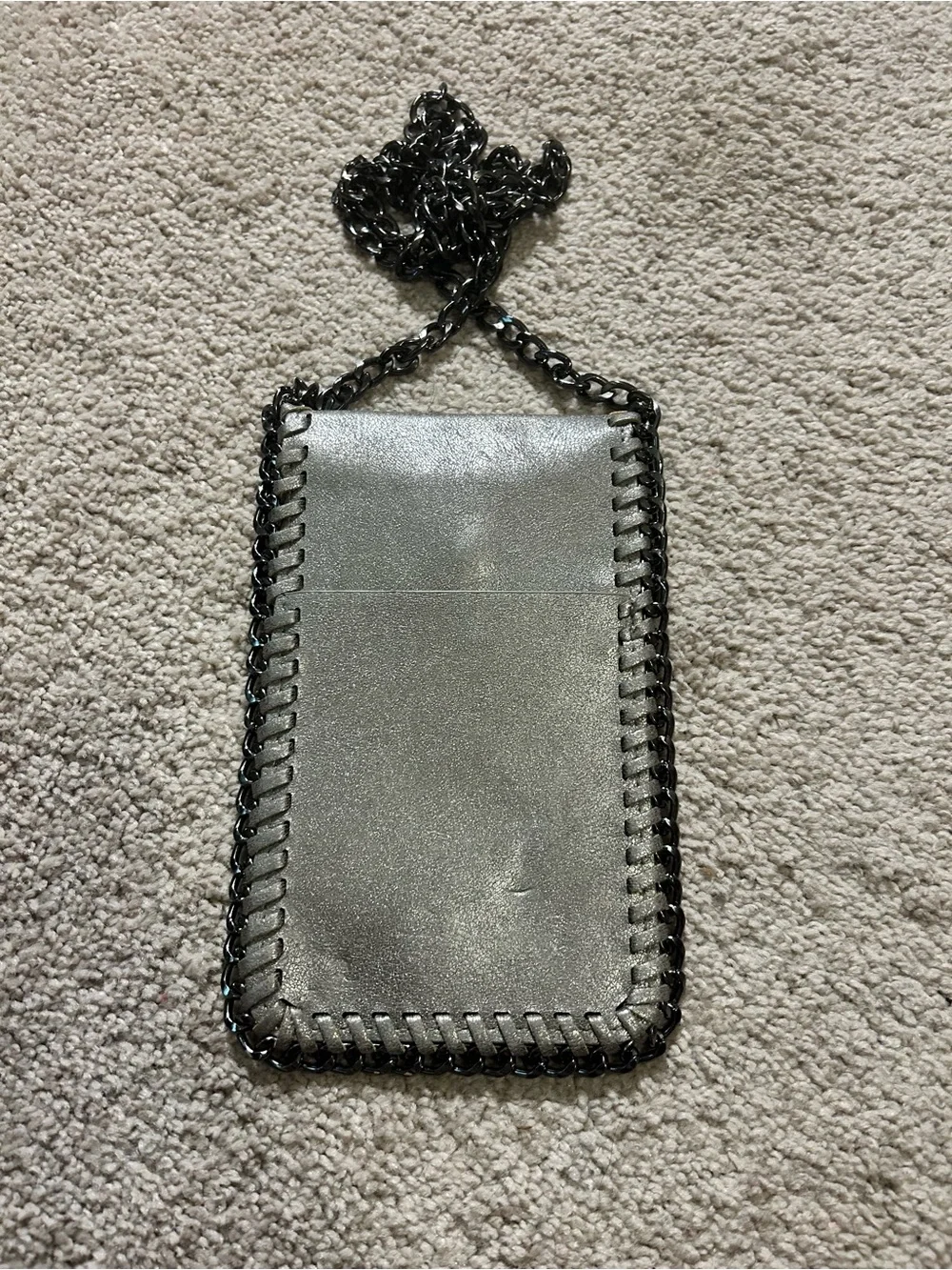 Chain-Trim Metallic Gray Gunmetal Crossbody Phone Bag